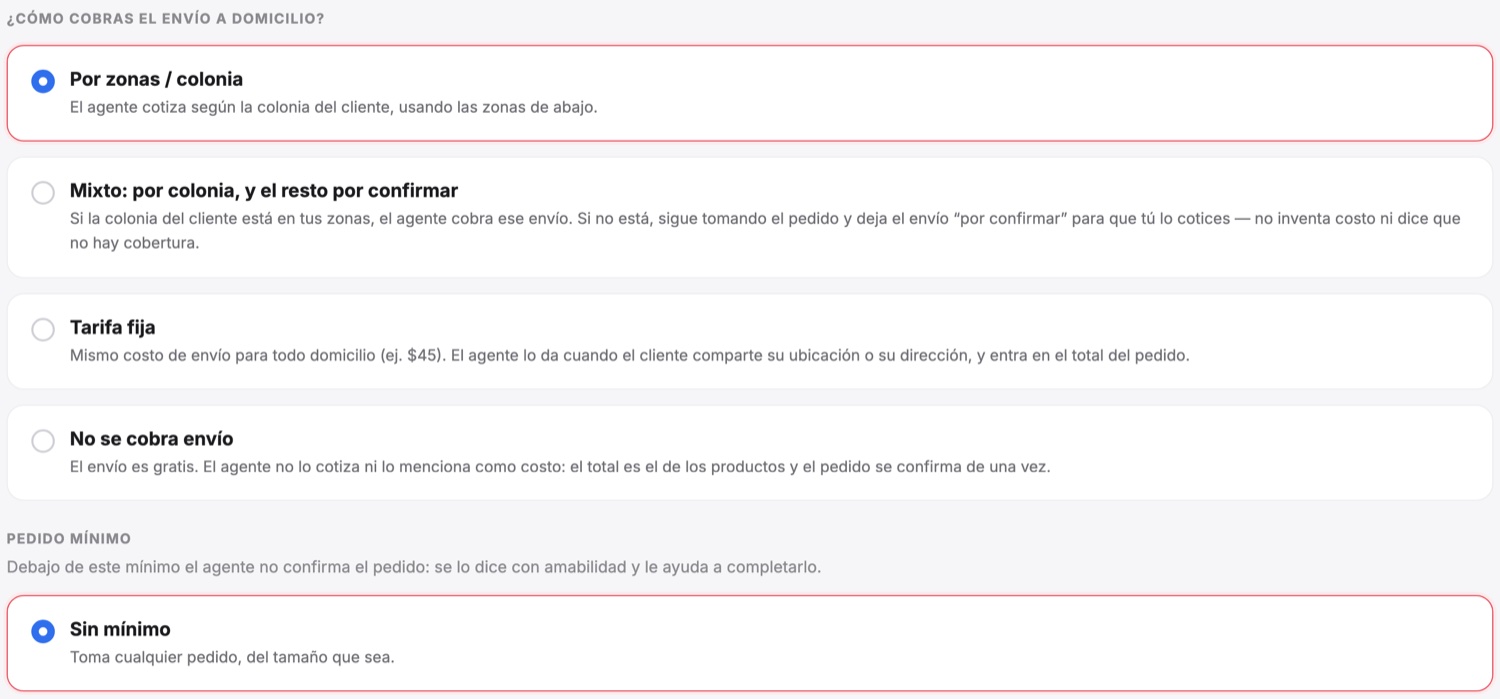 Configuración de zonas de envío en el panel de Watson