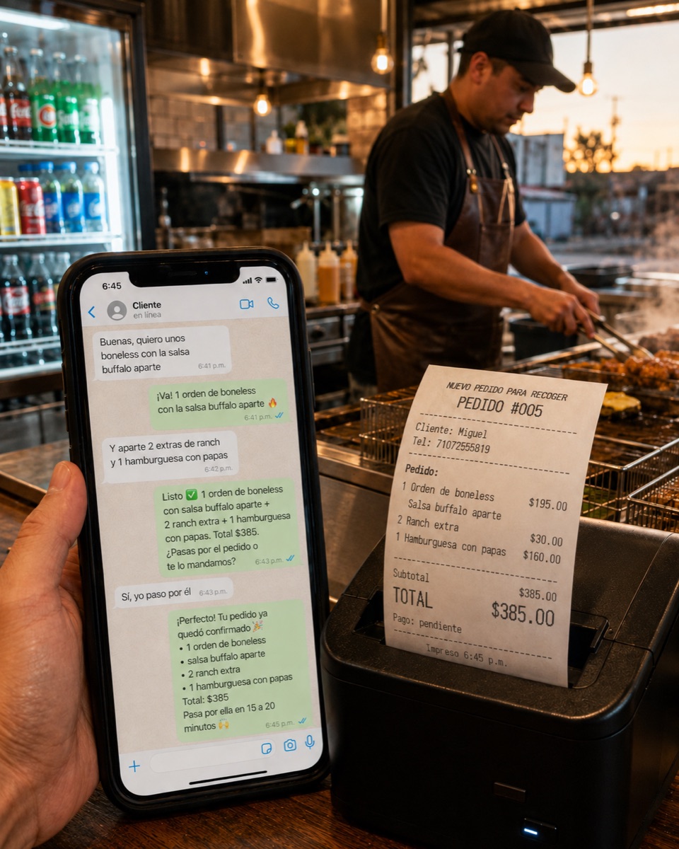 Watson tomando un pedido por WhatsApp y la comanda saliendo impresa en la cocina