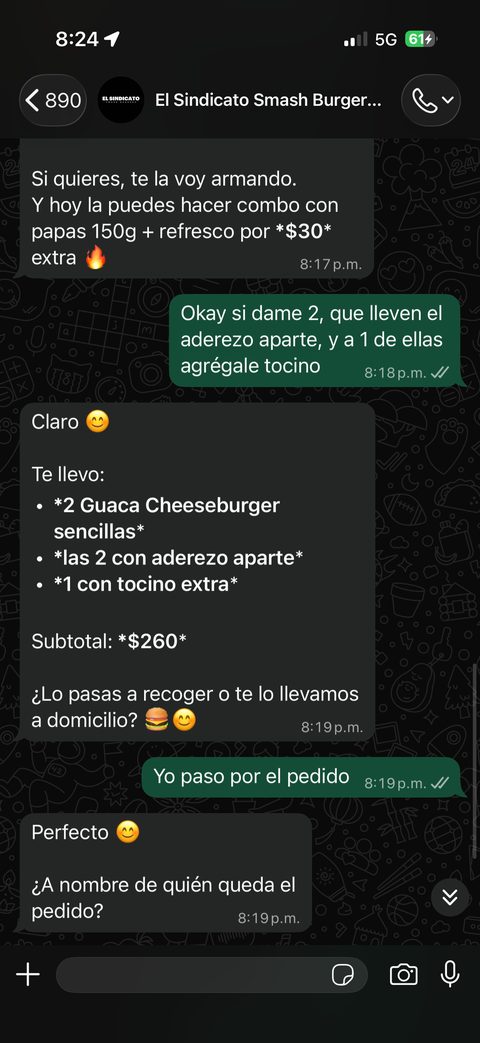 Captura real: el agente arma el pedido con extras y subtotal