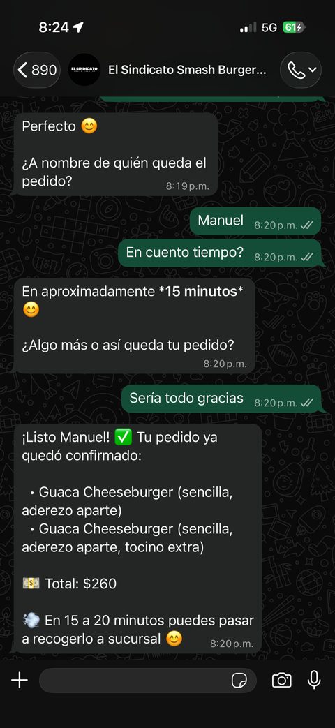 Captura real: el agente confirma y cierra el pedido