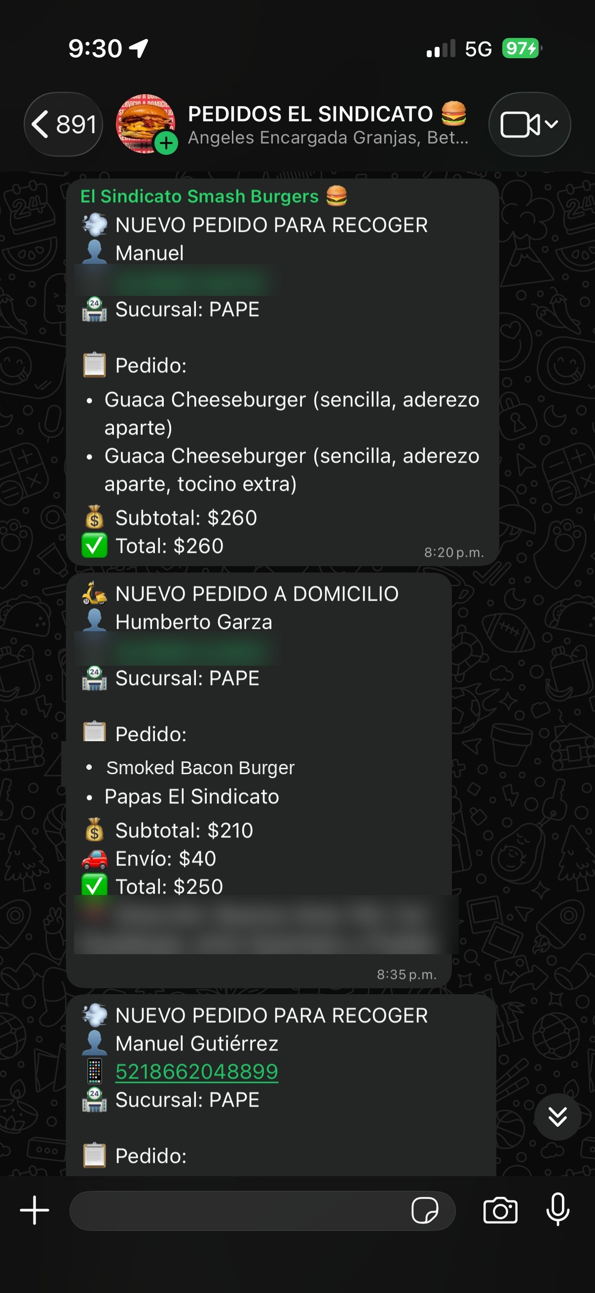 Captura real: el pedido llega resumido al grupo interno del equipo